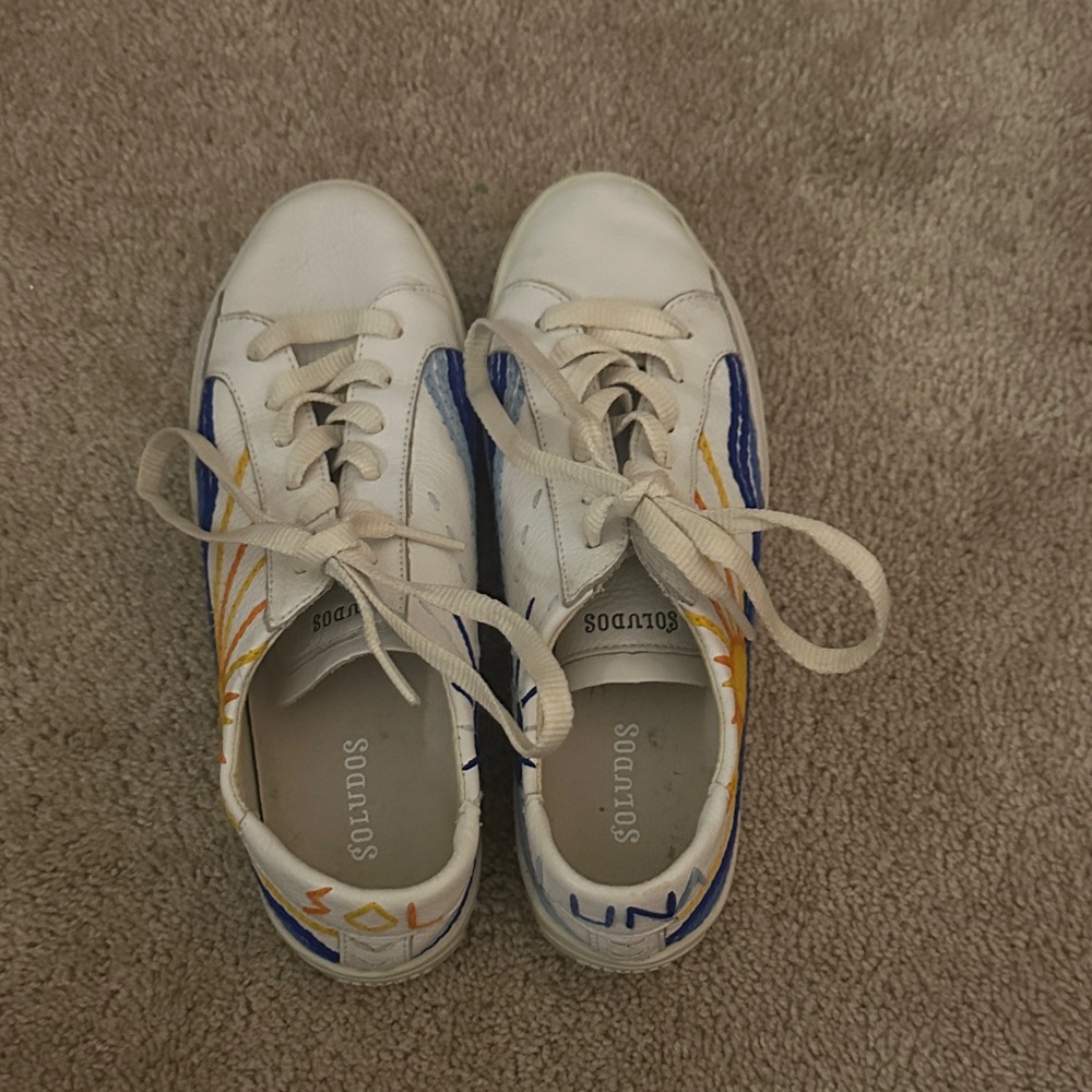 Soludos Kids White Sneakers with Blue and Yellow Accents